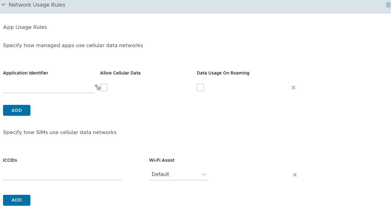 UEM Console zeigt die Seite mit den Netzwerknutzungs-Profileinstellungen an