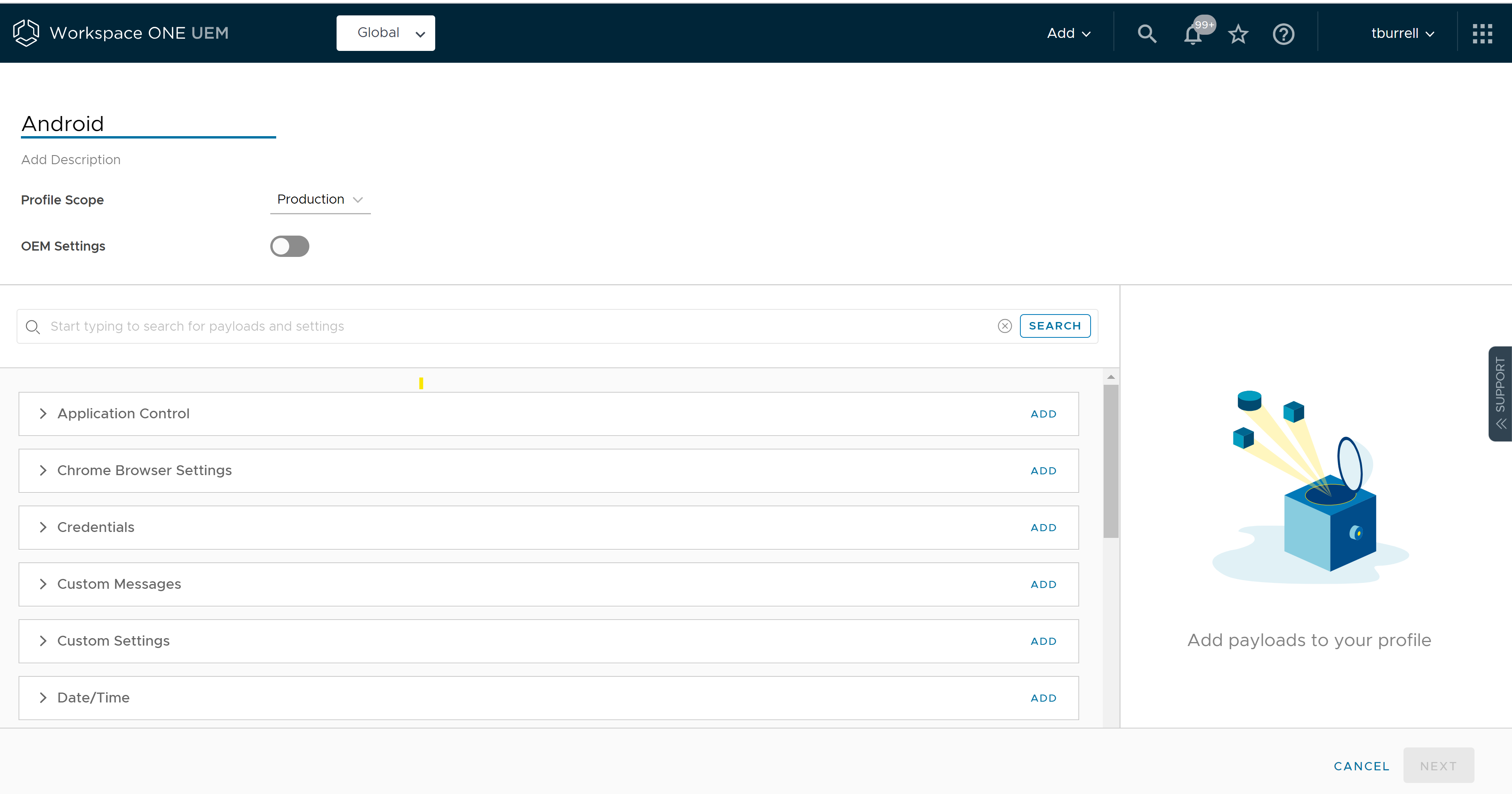 Diese Abbildung zeigt einen Screenshot der Seite „Profil hinzufügen“ der UEM-Konsole.