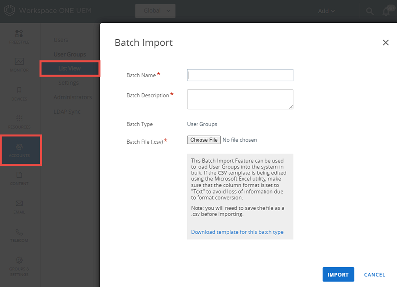 Dieser Screenshot zeigt den Bildschirm „Batch-Import“. Sie können darüber Benutzergruppen batchweise importieren.