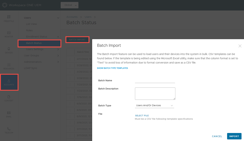 Dieser Screenshot zeigt den Bildschirm „Batch-Import“. Sie können darüber Benutzer und Geräte batchweise importieren.