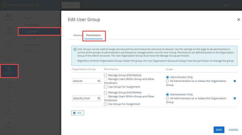 Dieser Screenshot zeigt den Bildschirm „Benutzergruppe bearbeiten“, auf dem Sie Benutzergruppenberechtigungen ändern können.