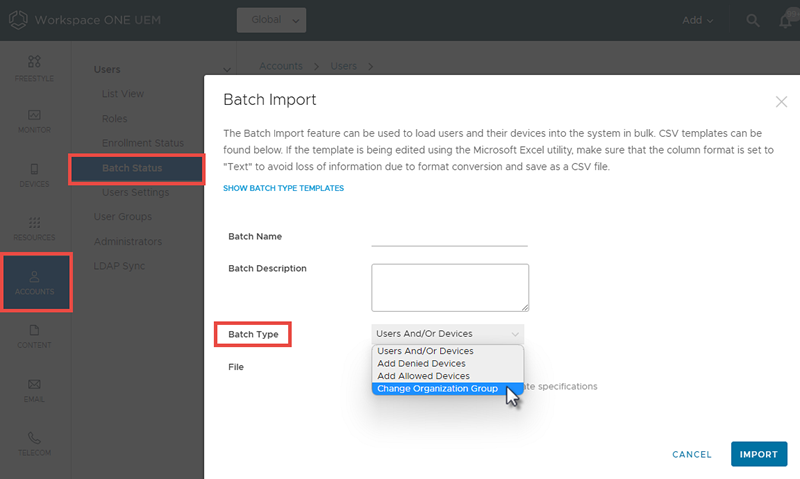 Dieser Screenshot zeigt den Bildschirm „Batch-Import“. Sie können darüber Benutzer von einer Organisationsgruppe in eine andere verschieben.