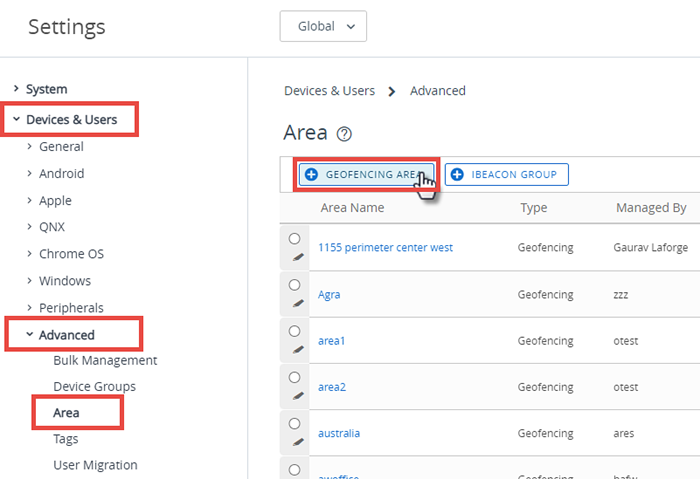 Dieser Screenshot zeigt die Seite der Systemeinstellungen für „Geräte und Benutzer, Erweitert, Bereich“. Hier können Sie einen Geofence definieren.