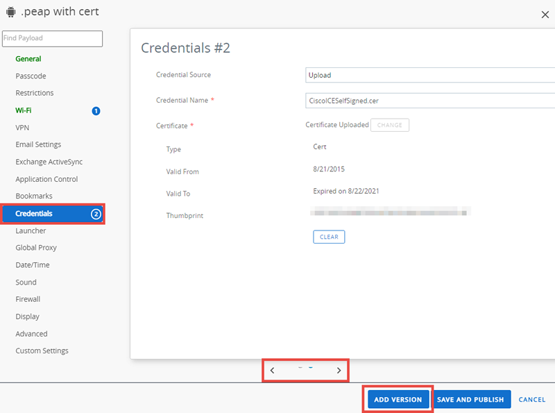 Dieser Screenshot zeigt den Bearbeitungsbildschirm für die Anmeldedaten-Nutzlast und die Schaltflächen „Version hinzufügen“ und „Version ändern“ sind hervorgehoben.