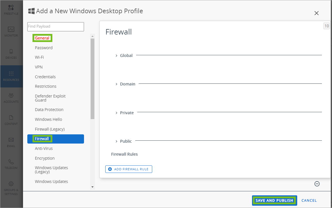 Zeigt, wie Sie das Firewall-Profil in UEM Console hinzufügen