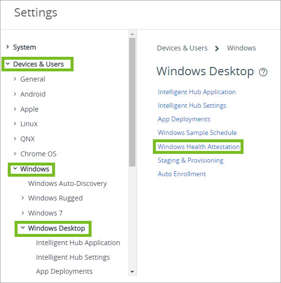 Zeigt den Navigationspfad zum Windows-Integritätsnachweis an