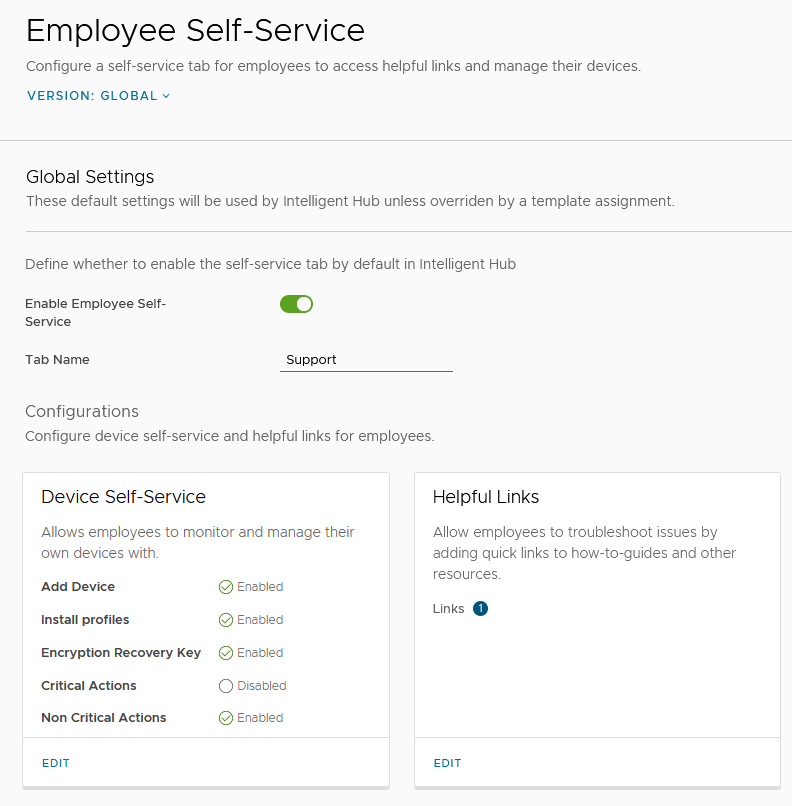 Screenshot der Seite „Self-Service für Mitarbeiter“ in Hub-Dienste