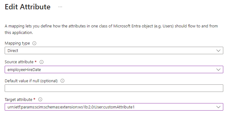 Das Quellattribut lautet employeeHireDate und das Zielattribut ist das VMware Identity Services customAttribute1.