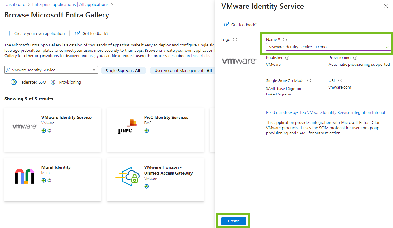 In diesem Beispiel wird eine neue App namens „VMware Identity Service - Demo“ erstellt.