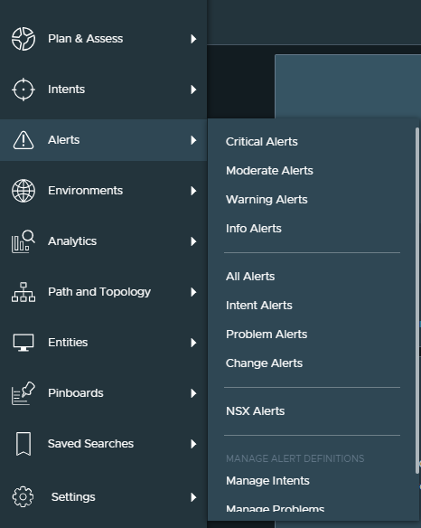 Der linke Navigationsbereich auf der vRealize Network Insight-Benutzeroberfläche