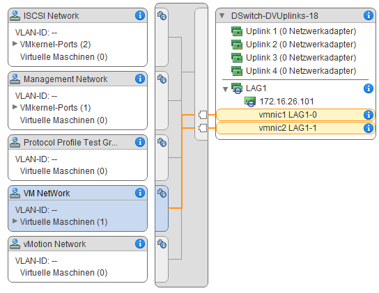 Topologie eines Distributed Switch mit einer Linkzusammenfassungsgruppe.