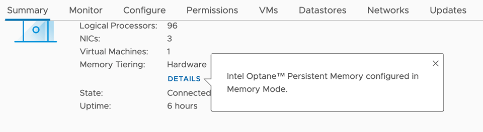 Der Screenshot zeigt das System im Arbeitsspeichermodus auf der Registerkarte „Übersicht“ des Hosts unter „Mehrstufiger Arbeitsspeicher: Hardware“ mit zusätzlichen Details.