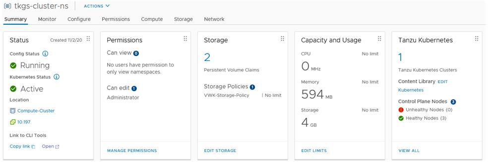 Die Registerkarte „Übersicht“ des vSphere-Namespace-Objekts.