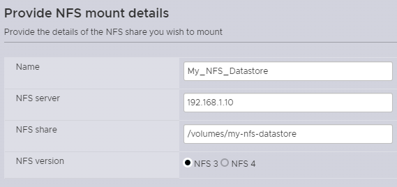 Beispiel für Informationen, die Benutzer bei der Bereitstellung von NFS-Mount-Details eingeben sollten