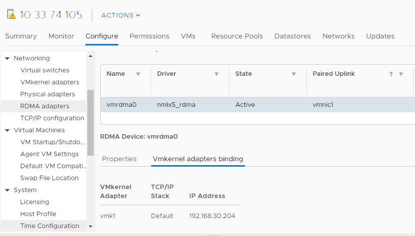 Die Abbildung zeigt die Konfiguration der VMkernel-Bindung für den RDMA-Adapter.