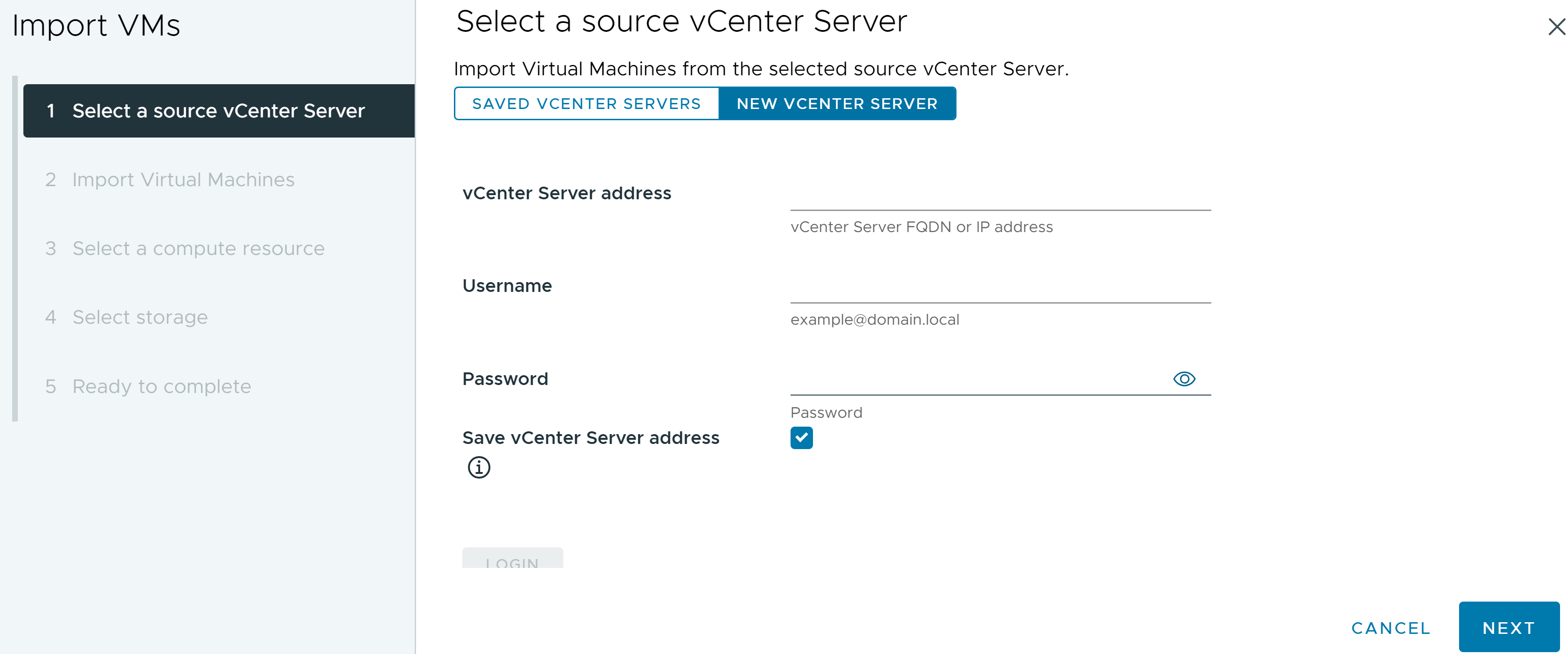 Die Registerkarte „VMs importieren“, auf der Sie die Anmeldedaten der quellseitigen vCenter Server-Instanz eingeben.