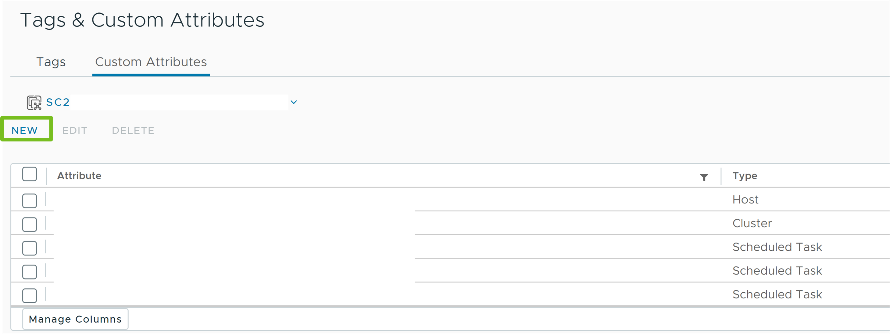 Die Registerkarte „Benutzerdefinierte Attribute“, auf der die vorhandenen benutzerdefinierten Attribute und die Schaltfläche zum Erstellen eines neuen Attributs angezeigt werden.