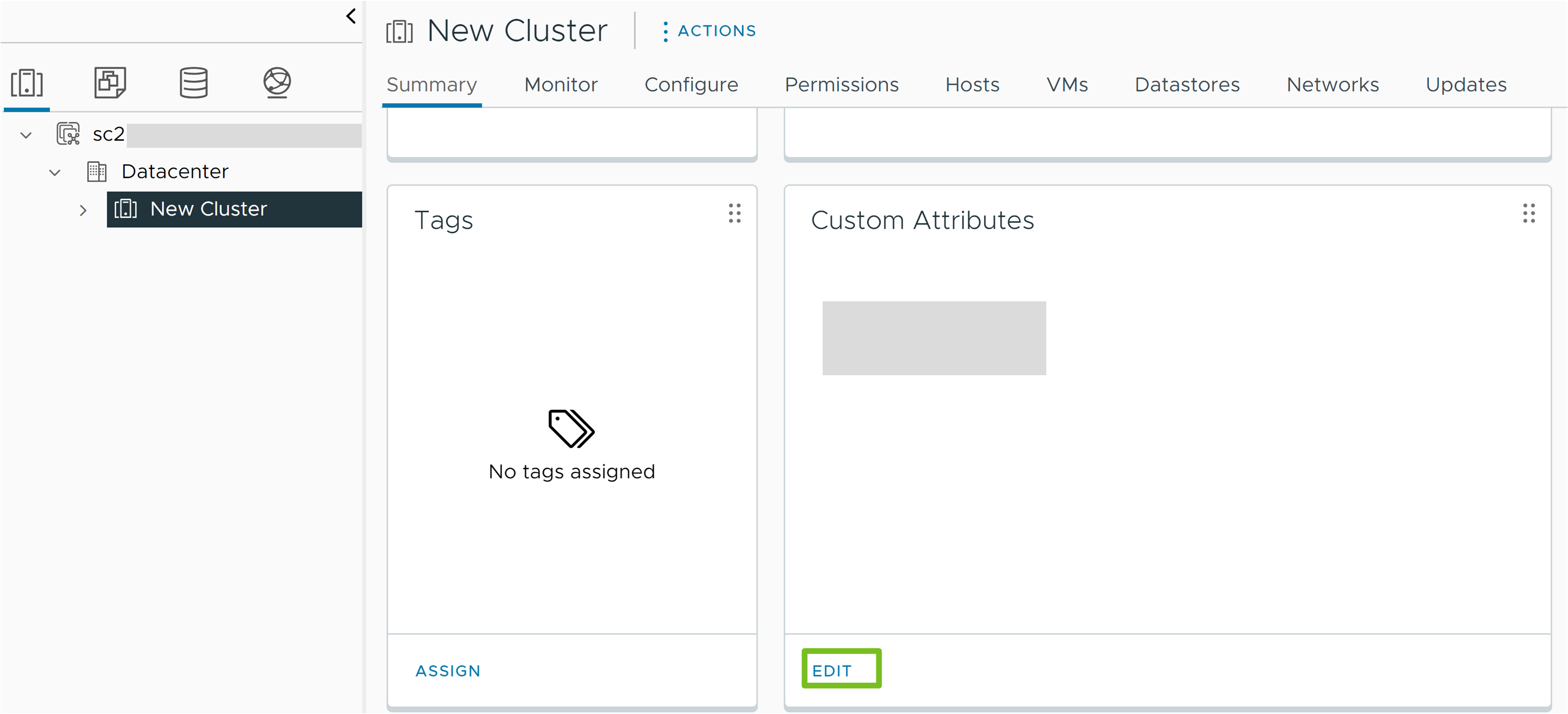 Die Registerkarte „Übersicht“ eines Clusters mit der Karte „Benutzerdefinierte Attribute“.