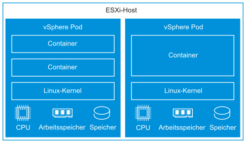 ESXi-Host mit zwei vSphere-Pod-Feldern. Alle vSphere-Pods verfügen über Container, die innerhalb von ihnen ausgeführt werden, ein Linux-Kernel, Arbeitsspeicher, CPU und Speicherressourcen.