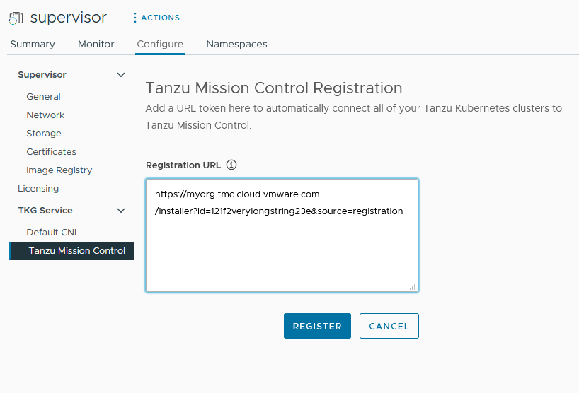 Die Registerkarte „Tanzu Mission Control“ mit der von Ihnen eingegebenen Registrierungs-URL.