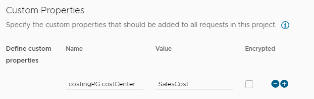 Die benutzerdefinierte Eigenschaft „costingPG.costCenter“ und der Wert „SalesCost“ im Abschnitt „Benutzerdefinierte Eigenschaften“ auf der Registerkarte „Bereitstellung“ des Projekts.