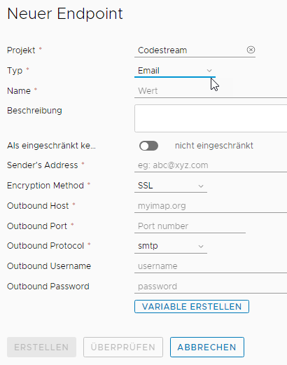 Wenn Sie einen E-Mail-Endpoint hinzufügen, legen Sie die Verschlüsselungsmethode und das Ausgangsprotokoll fest.