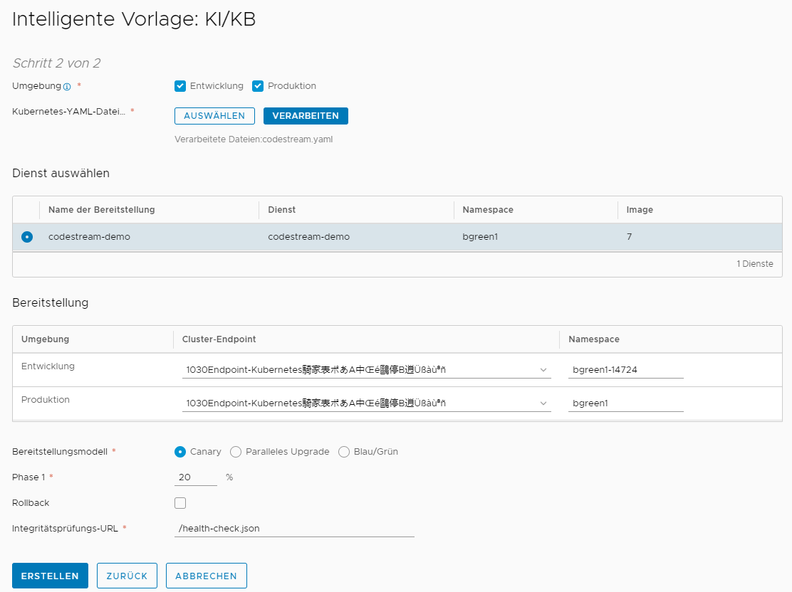 Die intelligente Pipeline-Vorlage kann Canary-, paralleles Upgrade und Blau/Grün-Bereitstellungen für kontinuierliche Integration und kontinuierliche Bereitstellung verarbeiten.