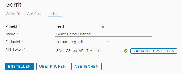 Bei lokalen Instanzen verwendet der Gerrit-Auslöser-Listener einen Gerrit-Endpoint und ein API-Token, das Sie über die Registerkarte Listener generieren können, indem Sie auf TOKEN GENERIEREN klicken.