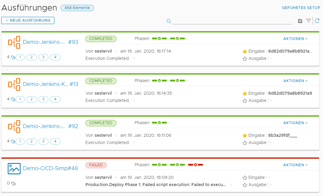Auf der Seite „Pipeline-Ausführungen“ können Sie den Status jeder Phase bei der Ausführung anzeigen, Aktionen auswählen und auf den Link für weitere Informationen klicken.