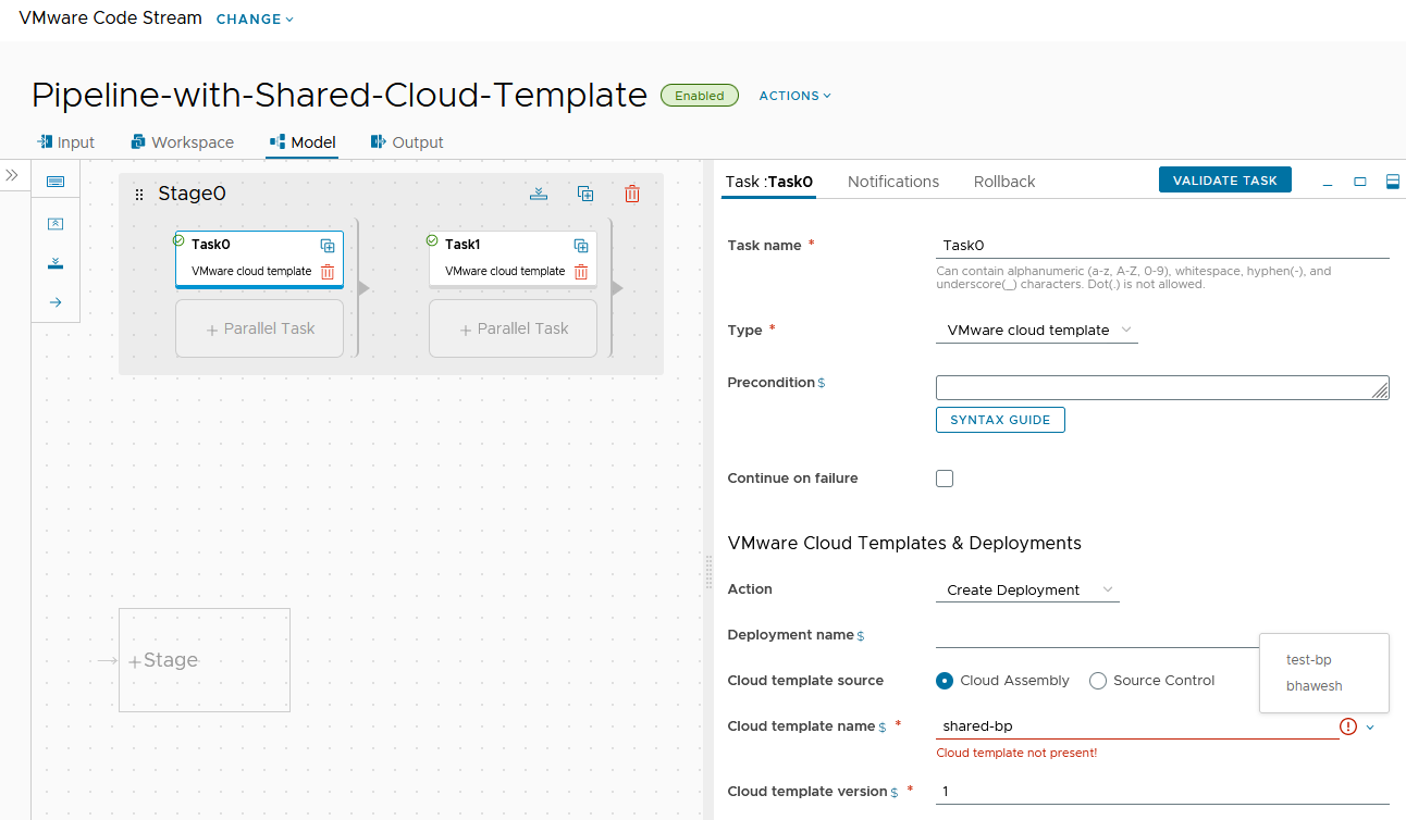 Stellen Sie beim Definieren einer Aufgabe mit einer gemeinsam genutzten Cloud-Vorlage sicher, dass die Cloud-Vorlage in Cloud Assembly freigegeben ist. Geben Sie dann den Namen und die Version in Code Stream ein.