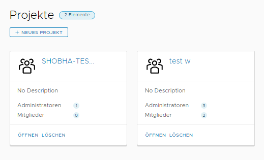 Projekte in Code Stream werden auf einer Karte mit der Anzahl der Administratoren und Mitglieder im Projekt angezeigt.