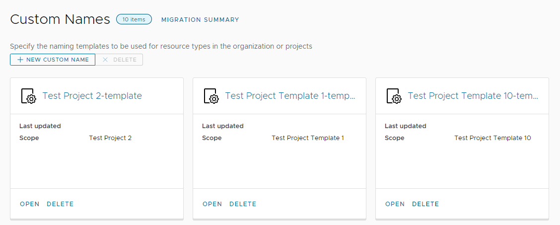 Screenshot der Seite „Benutzerdefinierte Namen“ mit den migrierten projektbasierten Vorlagen