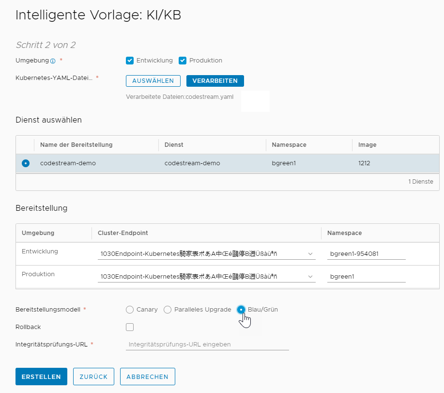 Wählen Sie in der intelligenten Pipeline-Vorlage den Dienst und die Bereitstellungen aus und klicken Sie auf Blau/Grün für das Produktionsbereitstellungsmodell.