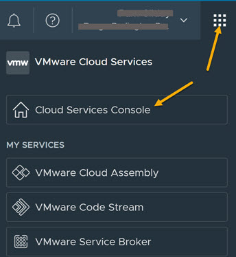 Wählen Sie einen Dienst aus, wie z. B. Cloud Assembly oder Cloud Services Console.