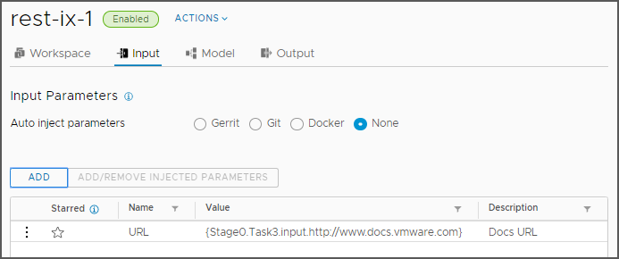 Die Registerkarte Eingabe in der Pipeline zeigt Auswahlen für Gerrit-, Git- und Docker-Eingabeparameter an und listet die verfügbaren Parameter für jede Auswahl auf.