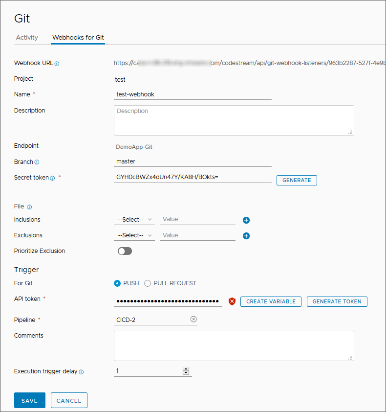 Die Git-Webhook-URL, die Sie kopieren und in Ihrem Git-Repository verwenden, wird auf der Registerkarte Webhooks für Git im Auslöser für Git angezeigt.