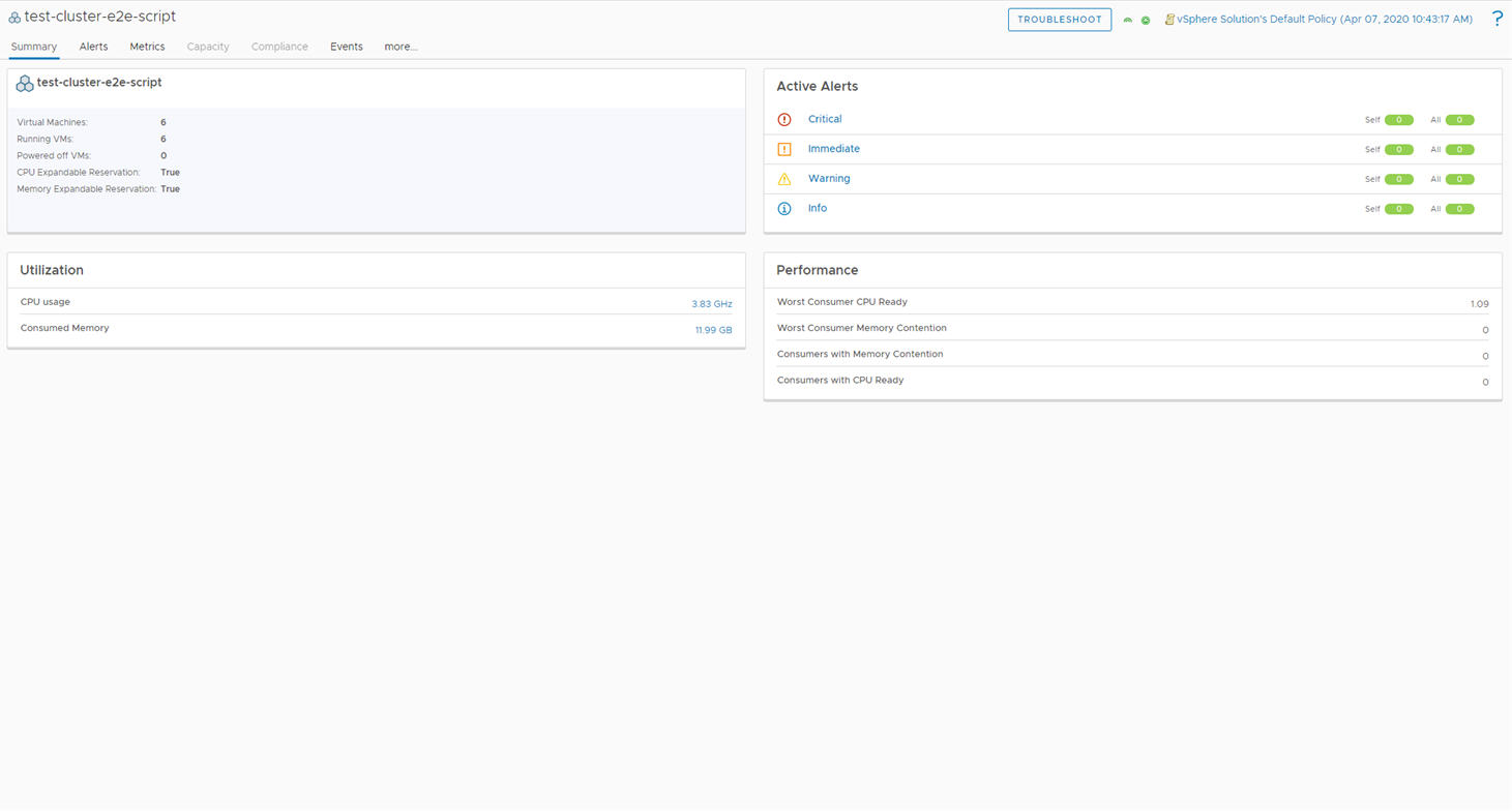 Screenshot der Registerkartenseite „Zusammenfassung des Tanzu Kubernetes-Clusters“.