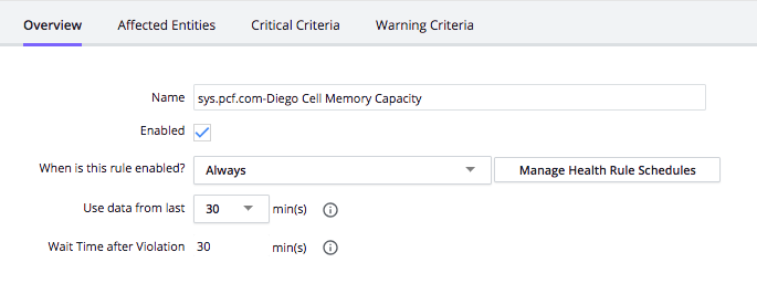 KPI health rule created for the indicator Diego Cell Memory Capacity