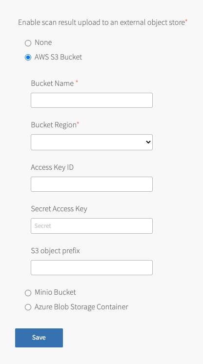 Screenshot of the External Store Upload pane in the Compliance Scanner tile. The AWS S3 Bucket radio button is selected, which reveals configuration fields for the AWS S3 Bucket. All fields and settings are described in order in the step below.