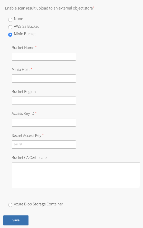 Screenshot of the External Store Upload pane in the Compliance Scanner tile. The Minio Bucket radio button is selected, which reveals configuration fields for the Minio Bucket. All fields and settings are described in order in the step below.