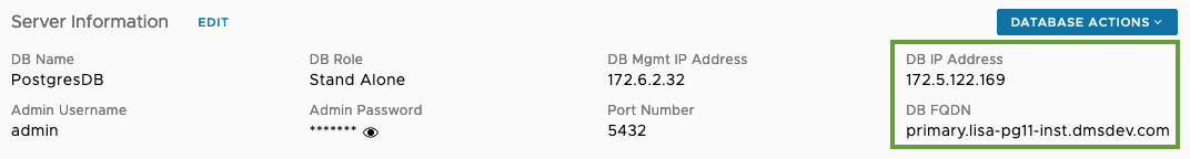 Server Information Details of the Database VM