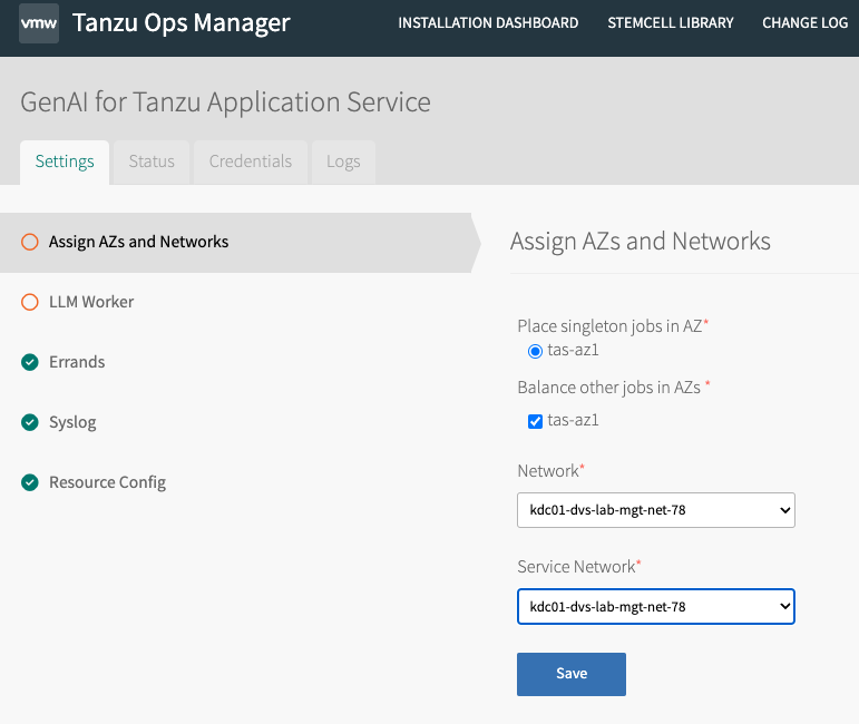 Settings tab in Tanzu Operations Manager to assign AZs and Networks.