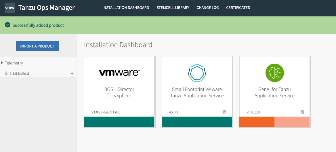 Installation Dashboard showing successful installation.