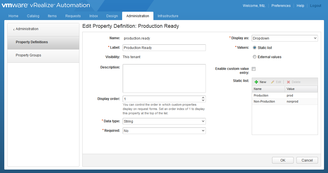 Example of the production.ready custom property definition