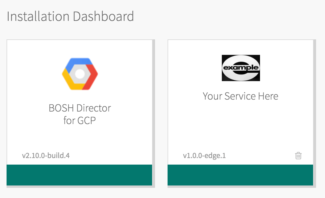 Installation Dashboard showing the BOSH Director tile and a sample user's service tile.