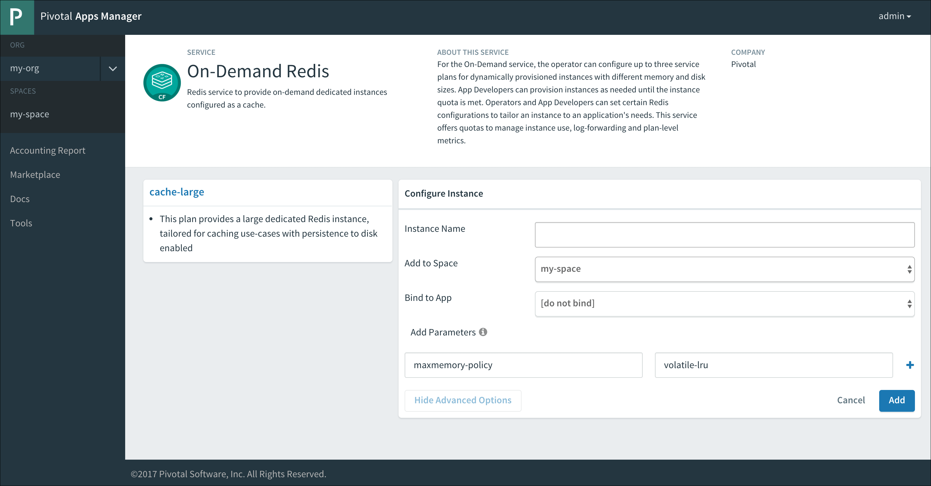 Screenshot of an on-demand Redis plan pane in Apps Manager.
The header contains a description of the Redis service.
Below the header on the left, there is the service plan name cache-large
followed by a description of the plan.
On the right, there is a section labeled Configure Instance.
This section has a field for Instance Name, a dropdown for Add to Space,
a dropdown for Bind to App, and two additional fields under the label Add Parameter.
To the right of the Add Parameter fields, there is a plus sign for adding more parameter fields.
Below these fields, there is a Hide Advanced Options button.
At the bottom of the Configure Instance section, there is a Cancel and an Add button.