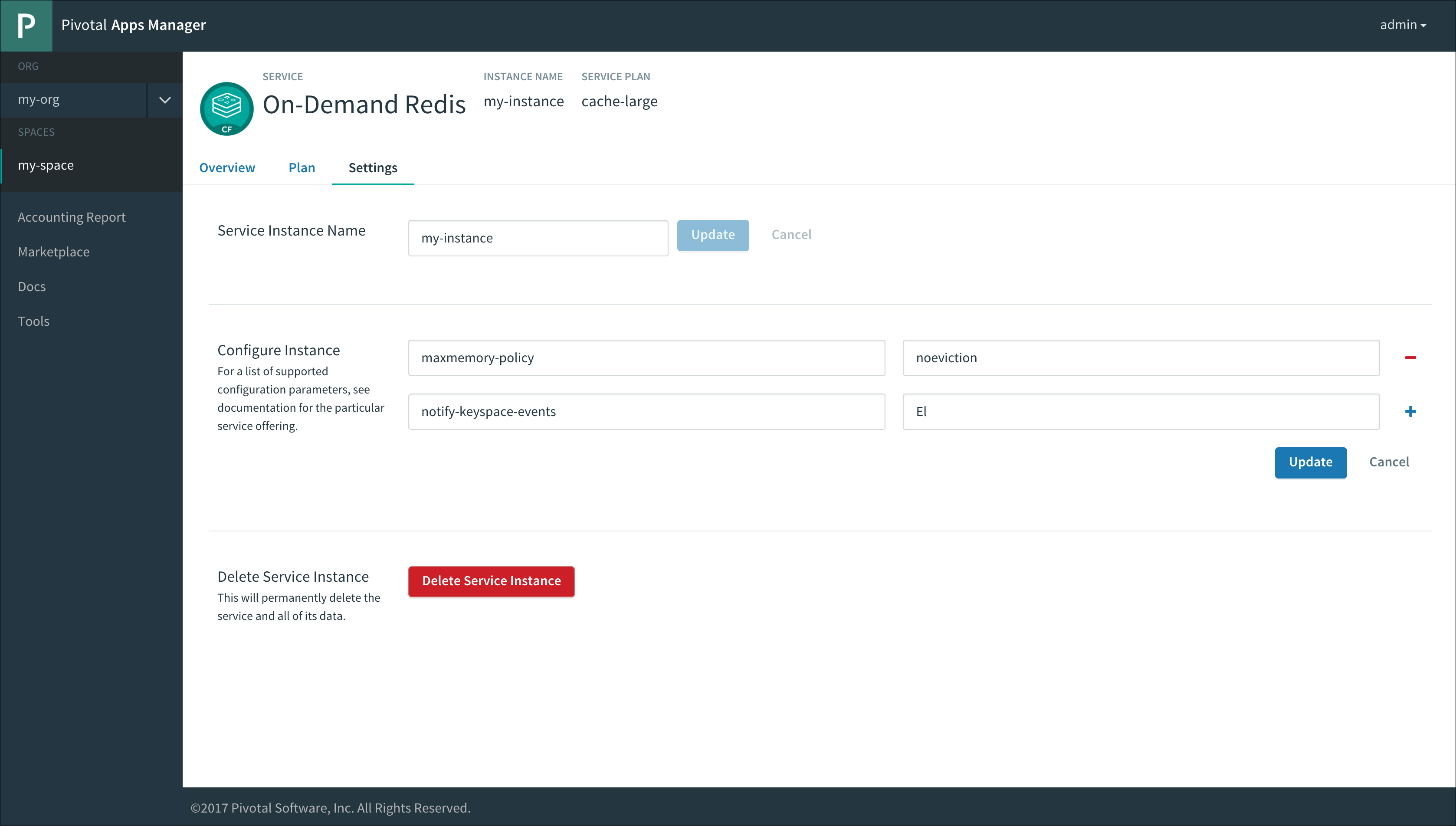 Screenshot of an example on-demand Redis service instance pane in Apps Manager.
At the top of the pane there are tabs labeled Overview, Plan, and Settings.
The Settings tab is selected. There is a Service Instance Name field with the
buttons Update and Cancel next to it.
Below this, there are pairs of Configure Instance fields for adding the name
and value of parameters.
To the right of the Configure Instance fields there are plus and minus buttons
for adding and removing pairs of parameter fields.
There are Update and Cancel buttons below the Configure Instance fields.
At the bottom of the pane there is a Delete Service Instance button.