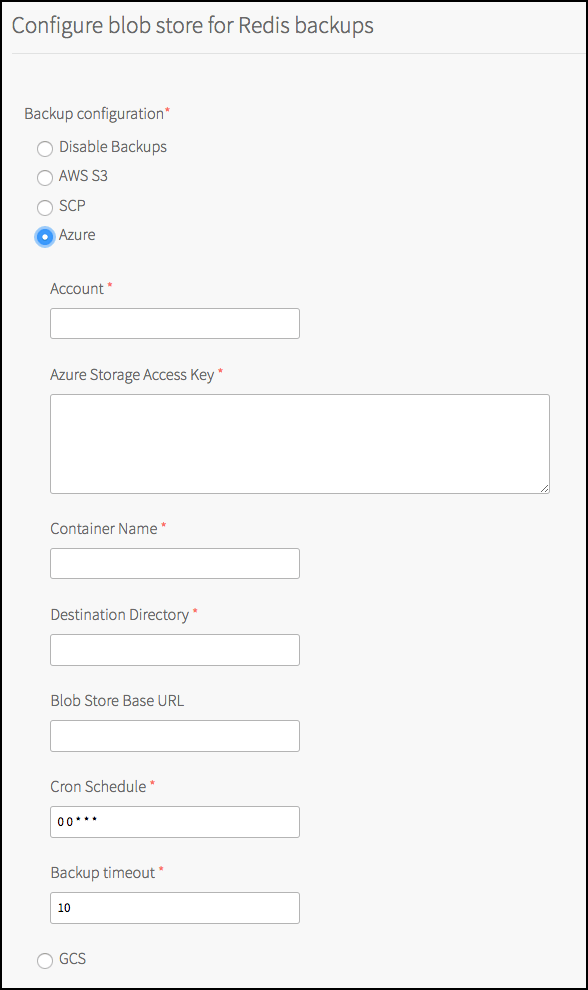 The Configure blob store for Redis backups pane in Ops Manager with the Azure radio button selected. See the following step for a description of the other fields.