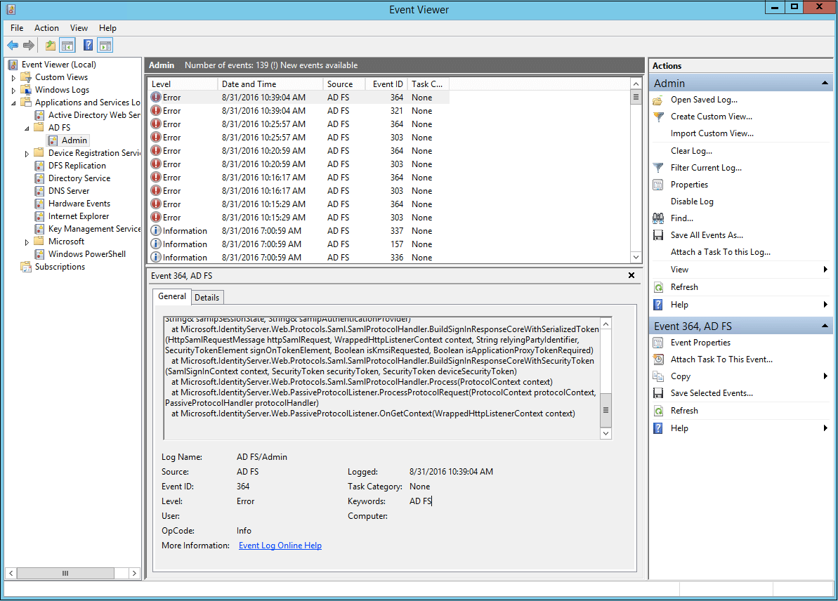 The event viewer window.
The window has three panels. The center panel contains two sections.
The top section contains a list of error and information events. The first error is selected.
The bottom section contains more information about the selected error.