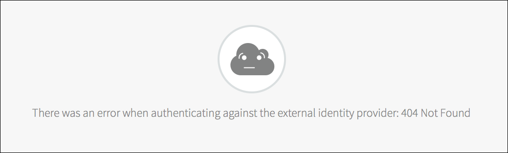 The error message page reads,
There was an error when authenticating against the external identity provider:
404 Not Found.